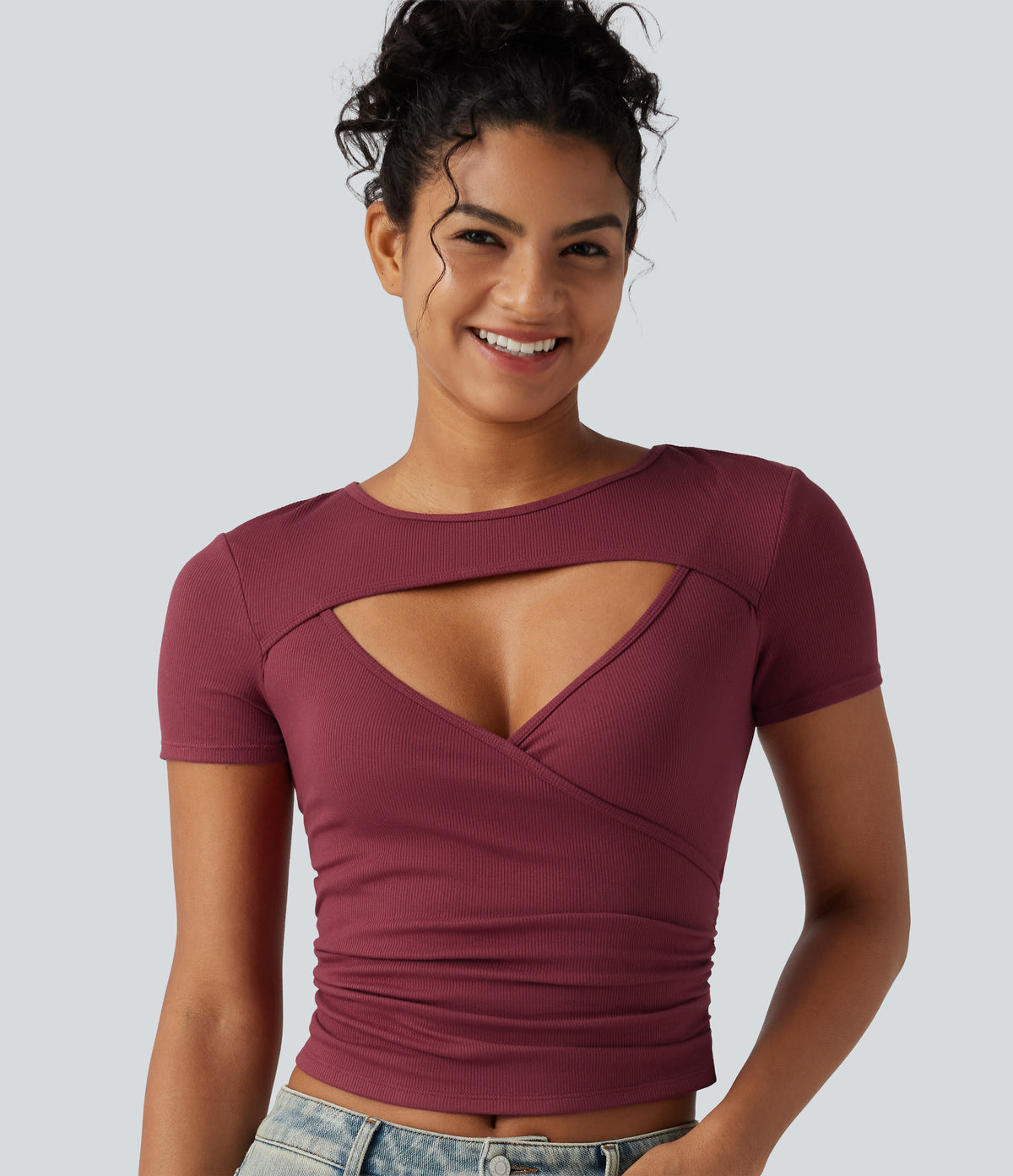 Ribbed Knit Round Neck Cut Out Short Sleeve Ruched Casual T-Shirt — Ruby Wine — view 1