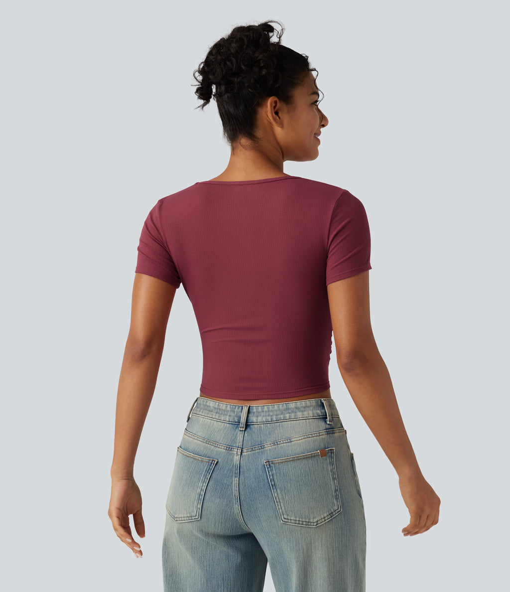 Ribbed Knit Round Neck Cut Out Short Sleeve Ruched Casual T-Shirt — Ruby Wine — view 2