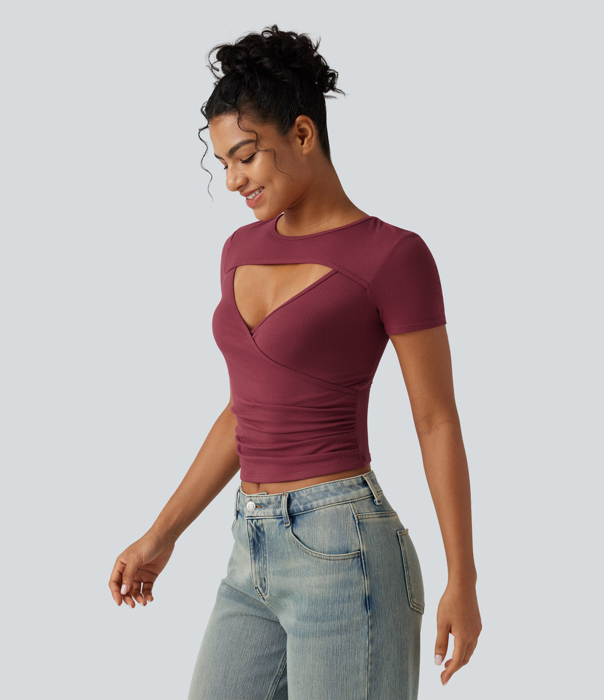 Ribbed Knit Round Neck Cut Out Short Sleeve Ruched Casual T-Shirt — Ruby Wine — view 3