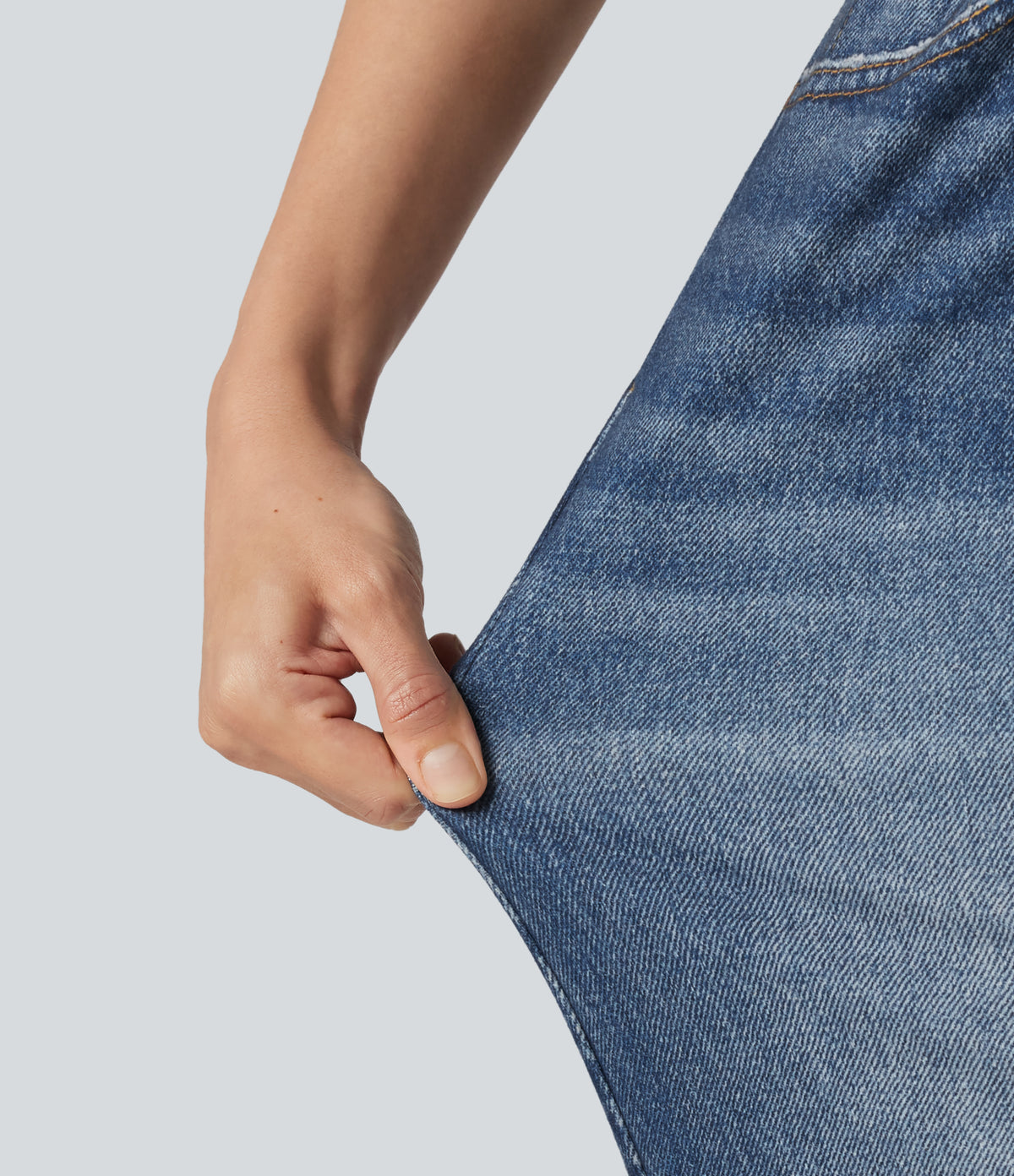 High Waisted Denim Print French Terry Casual Sweatpants Jeans with Pockets — Washed Indigo Blue — view 5
