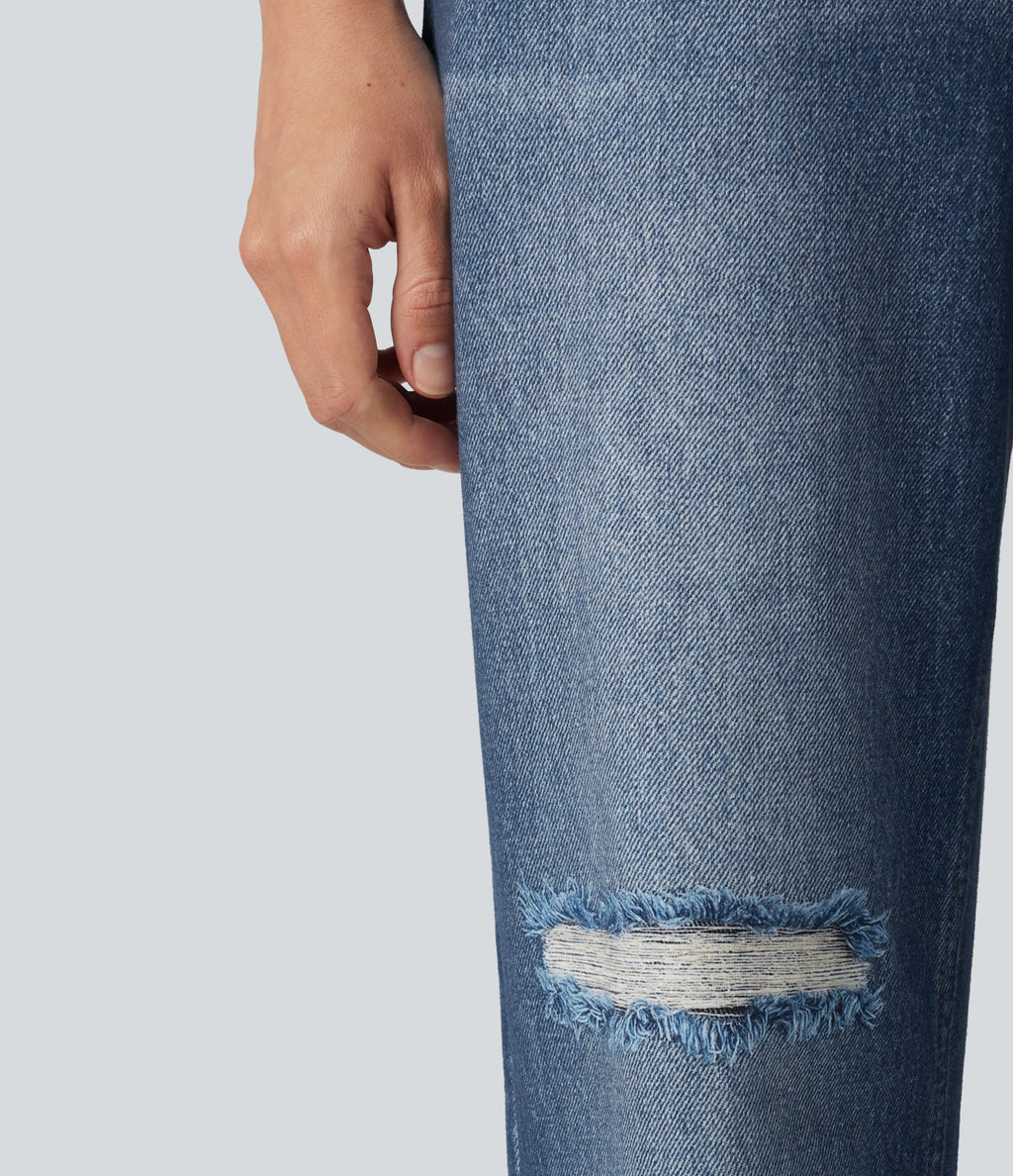 High Waisted Denim Print French Terry Casual Sweatpants Jeans with Pockets — Washed Indigo Blue — view 6
