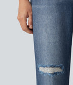 High Waisted Denim Print French Terry Casual Sweatpants Jeans with Pockets — Washed Indigo Blue — view 6