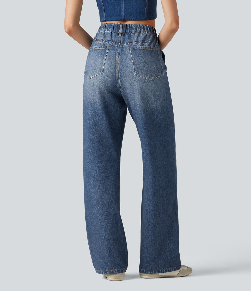 High Waisted Denim Print French Terry Casual Sweatpants Jeans with Pockets — Washed Indigo Blue — view 2