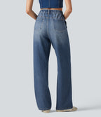 High Waisted Denim Print French Terry Casual Sweatpants Jeans with Pockets — Washed Indigo Blue — view 2