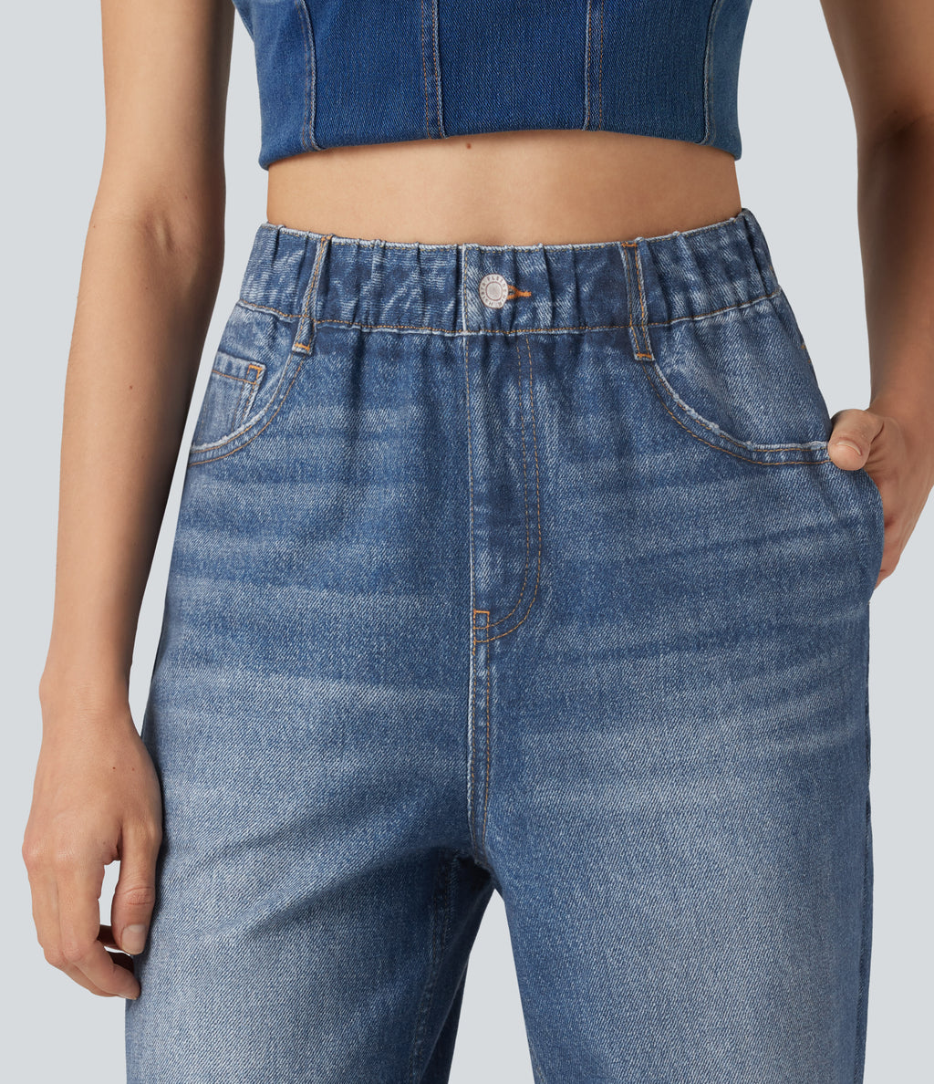 High Waisted Denim Print French Terry Casual Sweatpants Jeans with Pockets — Washed Indigo Blue — view 4