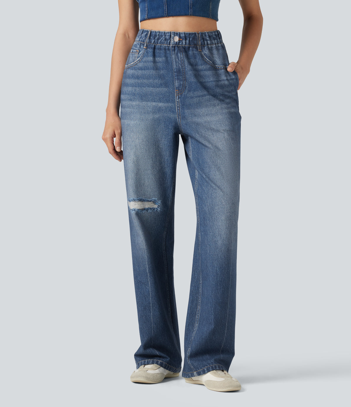 High Waisted Denim Print French Terry Casual Sweatpants Jeans with Pockets — Washed Indigo Blue — view 3
