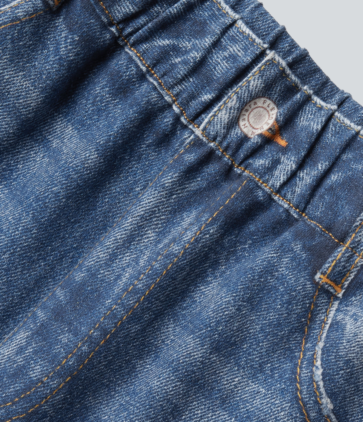 High Waisted Denim Print French Terry Casual Sweatpants Jeans with Pockets — Washed Indigo Blue — view 8