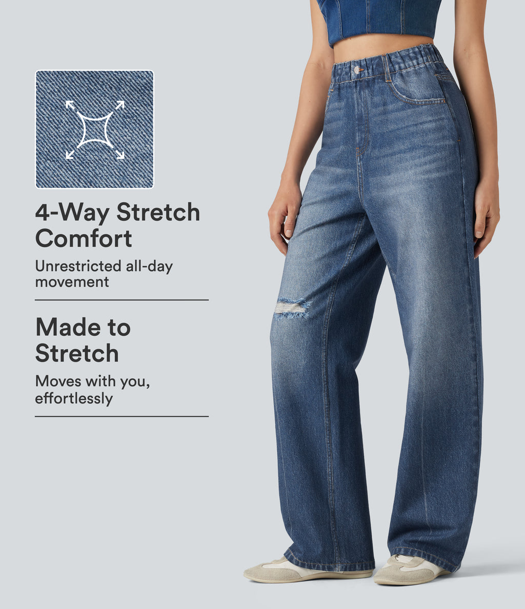 High Waisted Denim Print French Terry Casual Sweatpants Jeans with Pockets — Washed Indigo Blue — view 1