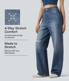 High Waisted Denim Print French Terry Casual Sweatpants Jeans with Pockets — Washed Indigo Blue — view 1