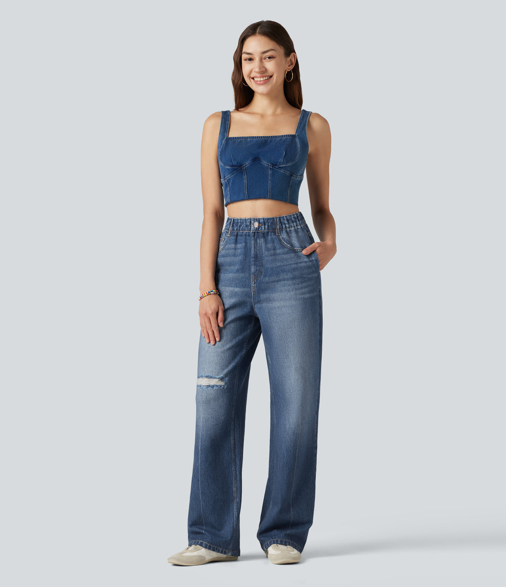 High Waisted Denim Print French Terry Casual Sweatpants Jeans with Pockets — Washed Indigo Blue — view 7