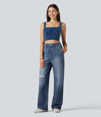 High Waisted Denim Print French Terry Casual Sweatpants Jeans with Pockets — Washed Indigo Blue — view 7
