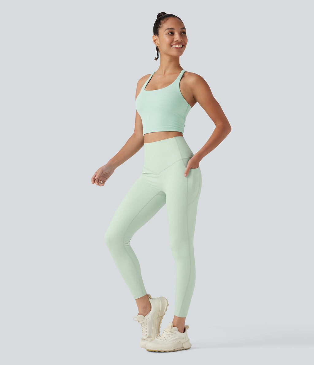 High Waisted Tummy Control Shaping Workout Leggings with Pockets — Dusty Aqua — view 8