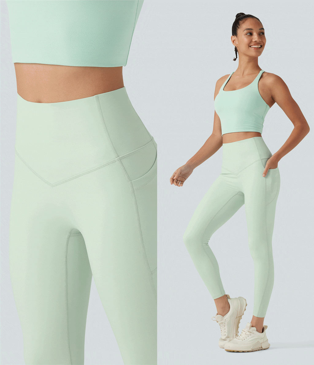 High Waisted Tummy Control Shaping Workout Leggings with Pockets — Dusty Aqua — view 4