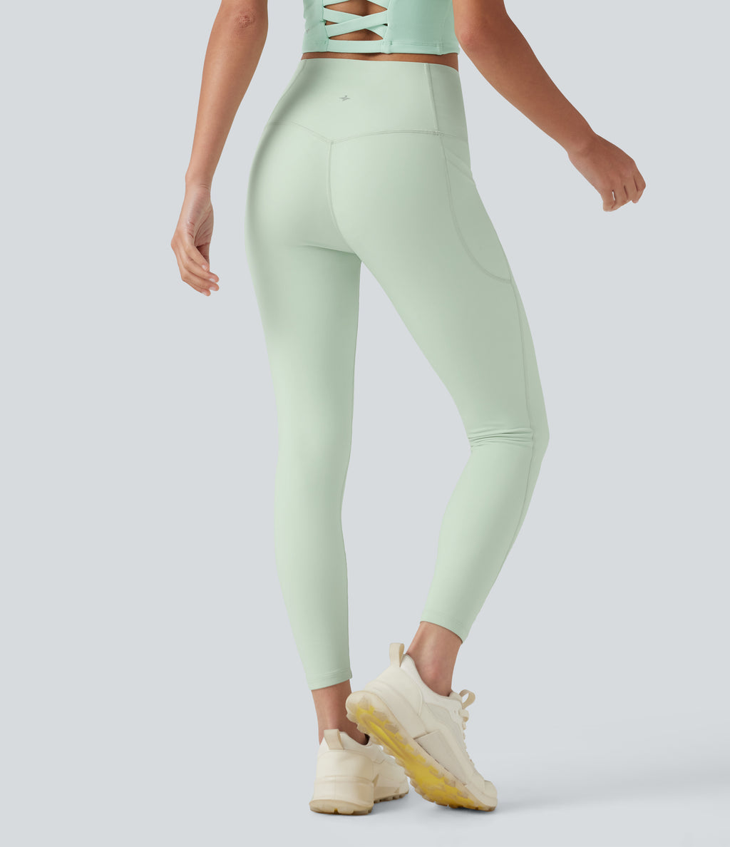 High Waisted Tummy Control Shaping Workout Leggings with Pockets — Dusty Aqua — view 7