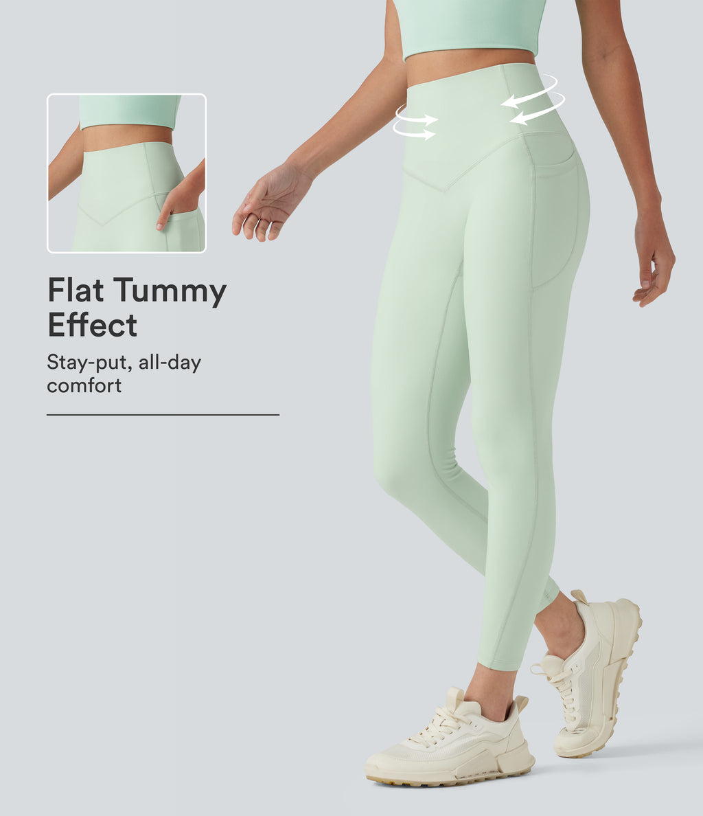 High Waisted Tummy Control Shaping Workout Leggings with Pockets — Dusty Aqua — view 1