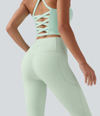 High Waisted Tummy Control Shaping Workout Leggings with Pockets — Dusty Aqua — view 3