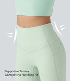 High Waisted Tummy Control Shaping Workout Leggings with Pockets — Dusty Aqua — view 2