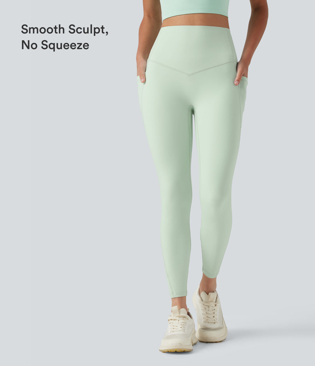 High Waisted Tummy Control Shaping Workout Leggings with Pockets — Dusty Aqua — view 5