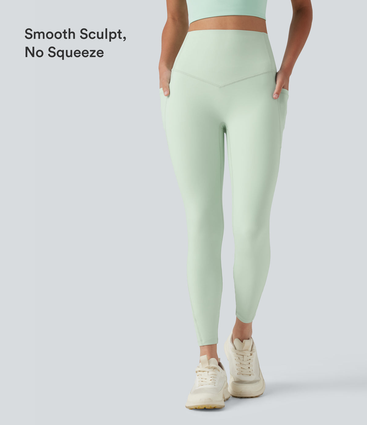 High Waisted Tummy Control Shaping Workout Leggings with Pockets — Dusty Aqua — view 5