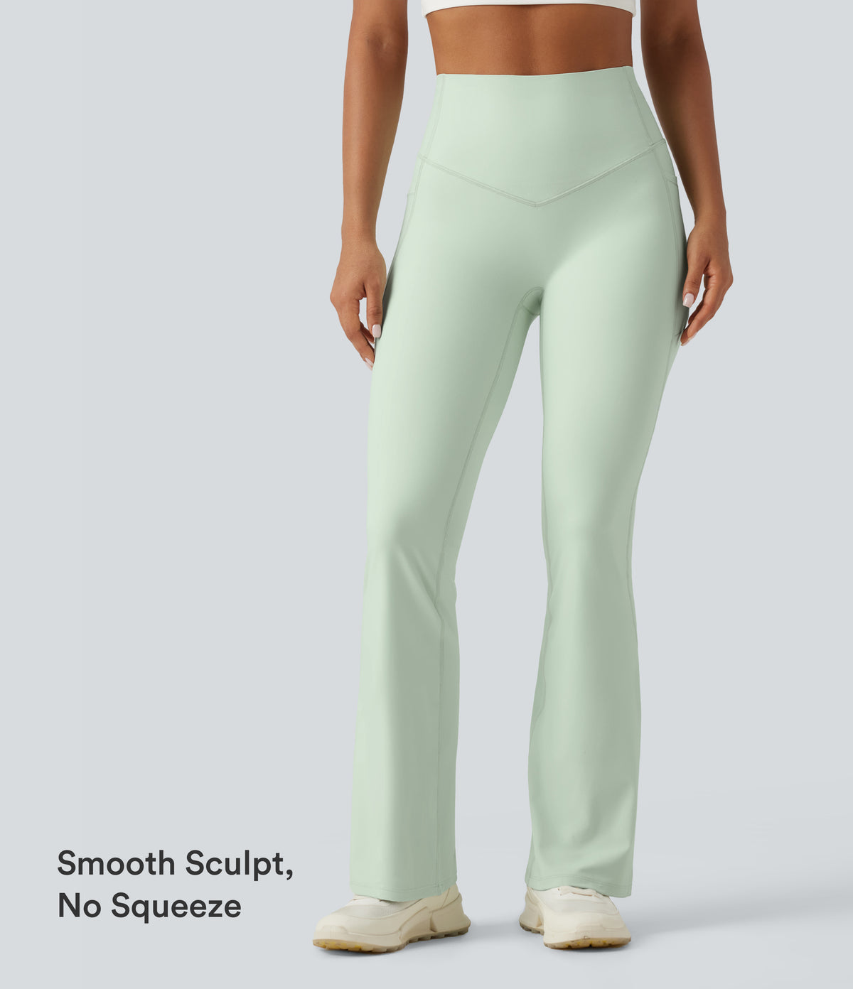 High Waisted Tummy Control Shaping Yoga Bootcut Leggings with Pockets — Dusty Aqua — view 5