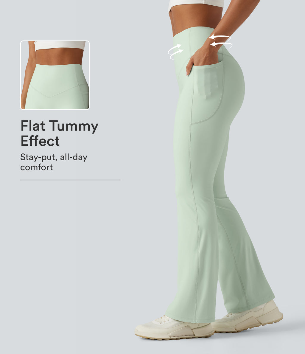 High Waisted Tummy Control Shaping Yoga Bootcut Leggings with Pockets — Dusty Aqua — view 1