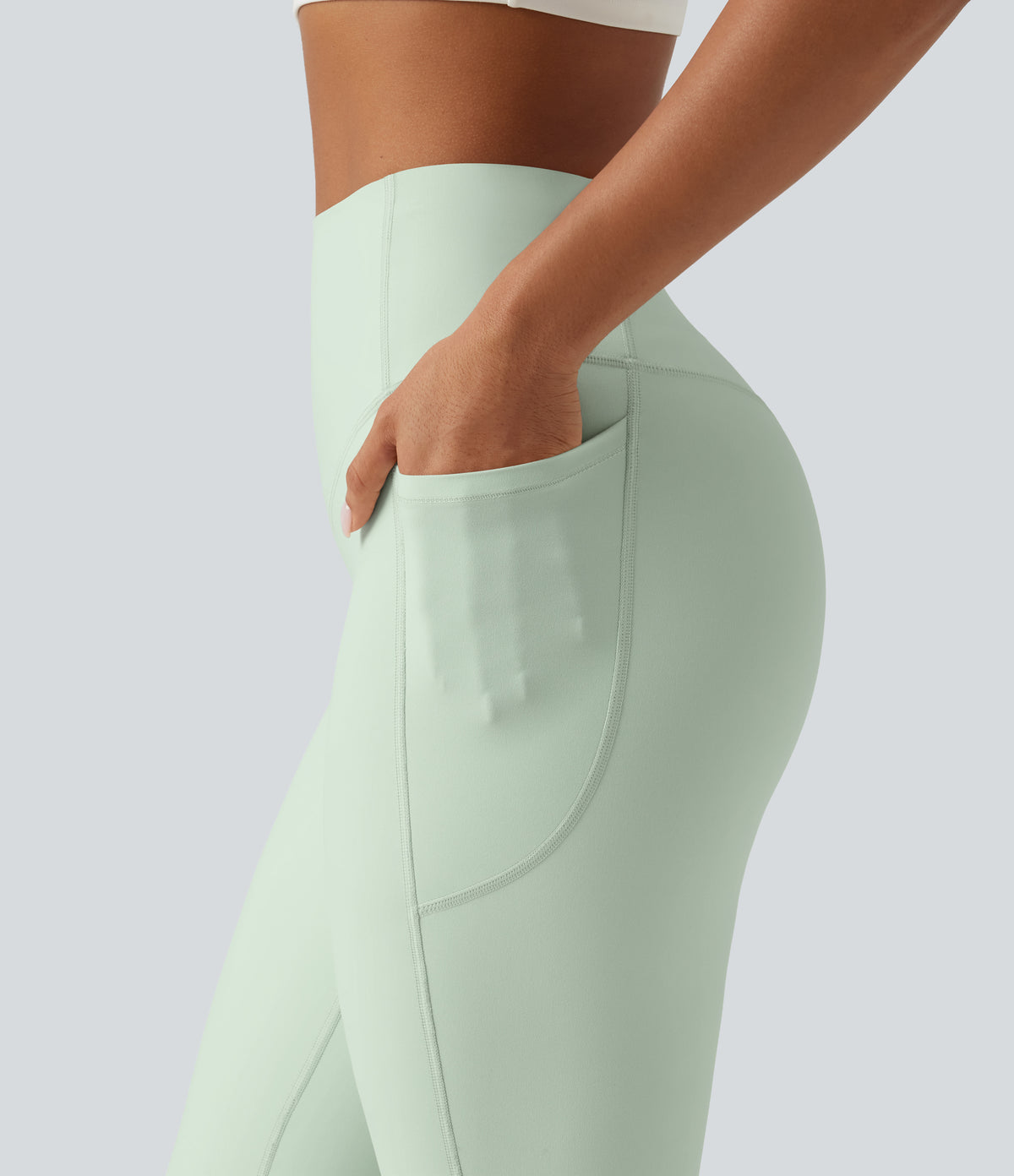 High Waisted Tummy Control Shaping Yoga Bootcut Leggings with Pockets — Dusty Aqua — view 8