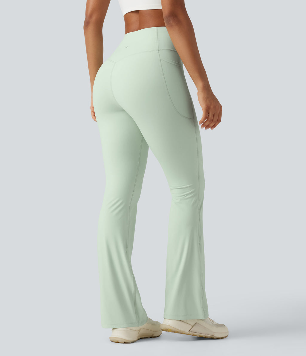 High Waisted Tummy Control Shaping Yoga Bootcut Leggings with Pockets — Dusty Aqua — view 7
