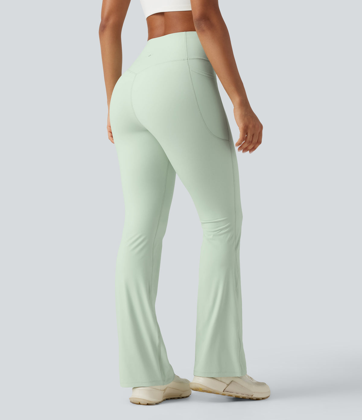 High Waisted Tummy Control Shaping Yoga Bootcut Leggings with Pockets — Dusty Aqua — view 7