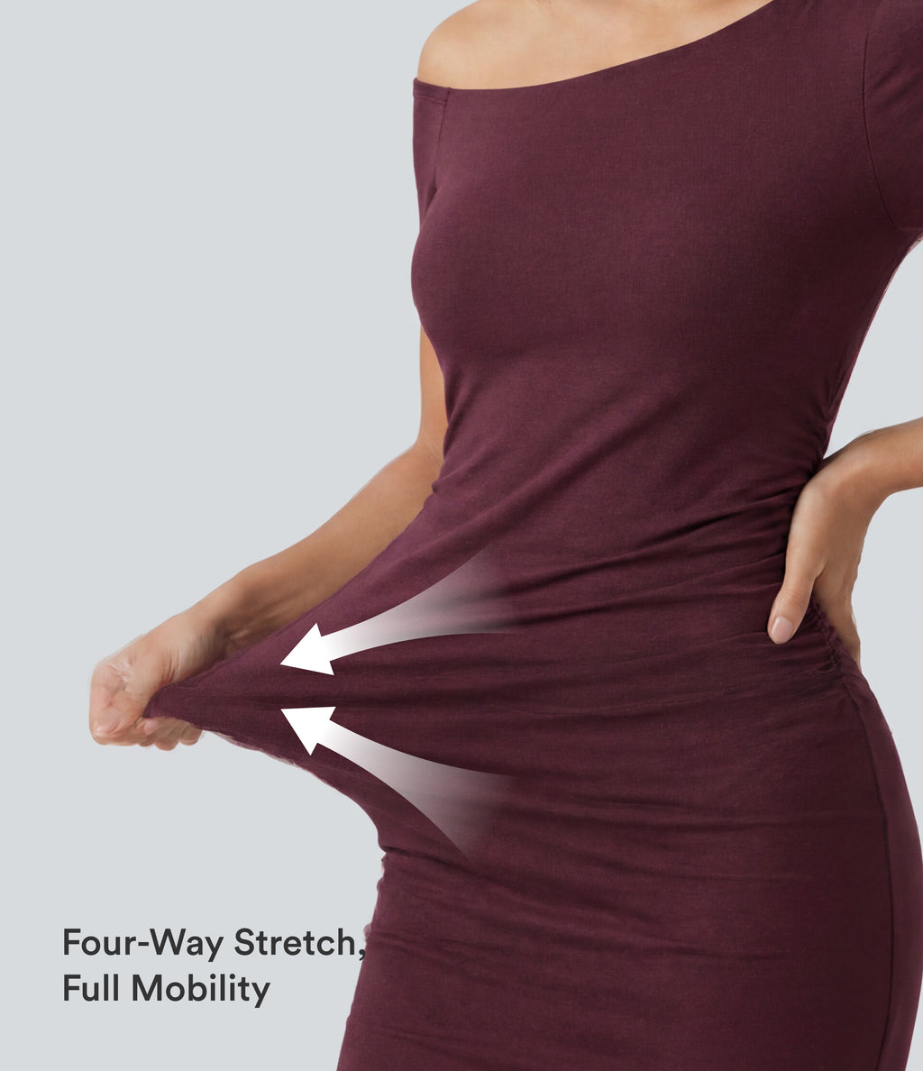 Ribbed One Shoulder Built-in Bra Short Sleeve Bodycon 2-in-1 Mini Casual Dress with Pockets-Edition — Maroon Banner — view 8