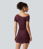 Ribbed One Shoulder Built-in Bra Short Sleeve Bodycon 2-in-1 Mini Casual Dress with Pockets-Edition — Maroon Banner — view 3