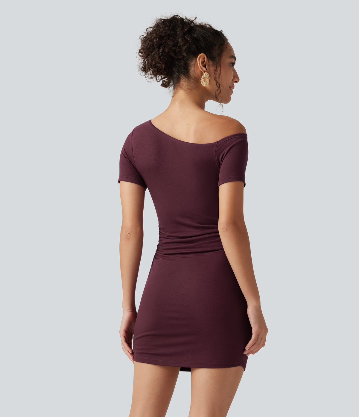 Ribbed One Shoulder Built-in Bra Short Sleeve Bodycon 2-in-1 Mini Casual Dress with Pockets-Edition — Maroon Banner — view 3
