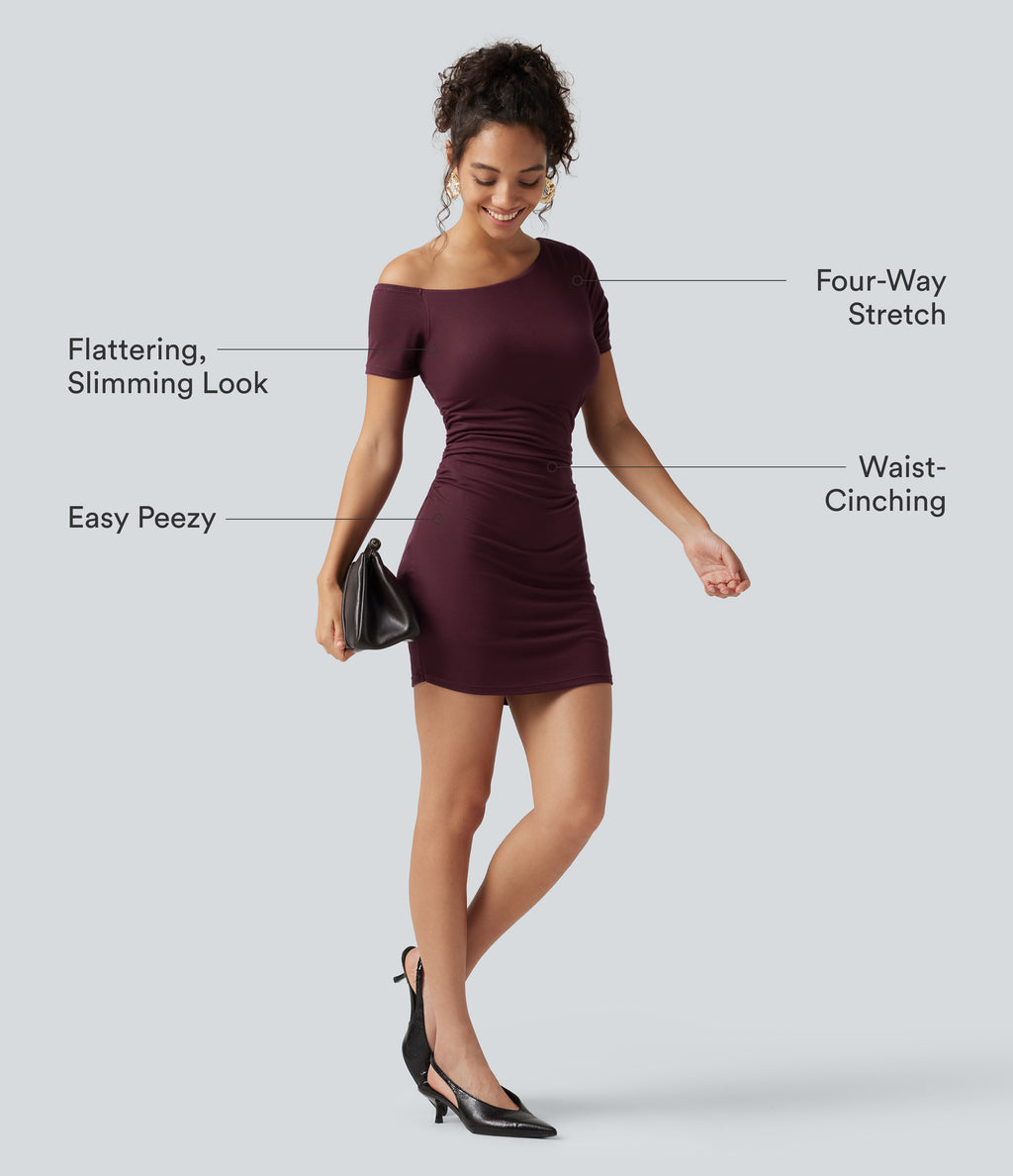 Ribbed One Shoulder Built-in Bra Short Sleeve Bodycon 2-in-1 Mini Casual Dress with Pockets-Edition — Maroon Banner — view 2