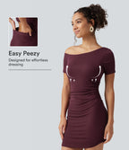 Ribbed One Shoulder Built-in Bra Short Sleeve Bodycon 2-in-1 Mini Casual Dress with Pockets-Edition — Maroon Banner — view 1