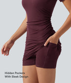 Ribbed One Shoulder Built-in Bra Short Sleeve Bodycon 2-in-1 Mini Casual Dress with Pockets-Edition — Maroon Banner — view 7