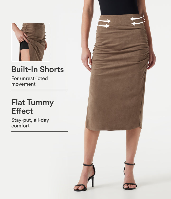 High Waisted Tummy Control Ruched Bodycon 2-in-1 Suede Midi Skirt — Coca Mocha — view 1