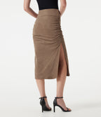 High Waisted Tummy Control Ruched Bodycon 2-in-1 Suede Midi Skirt — Coca Mocha — view 3