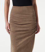 High Waisted Tummy Control Ruched Bodycon 2-in-1 Suede Midi Skirt — Coca Mocha — view 5