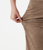 High Waisted Tummy Control Ruched Bodycon 2-in-1 Suede Midi Skirt — Coca Mocha — view 7