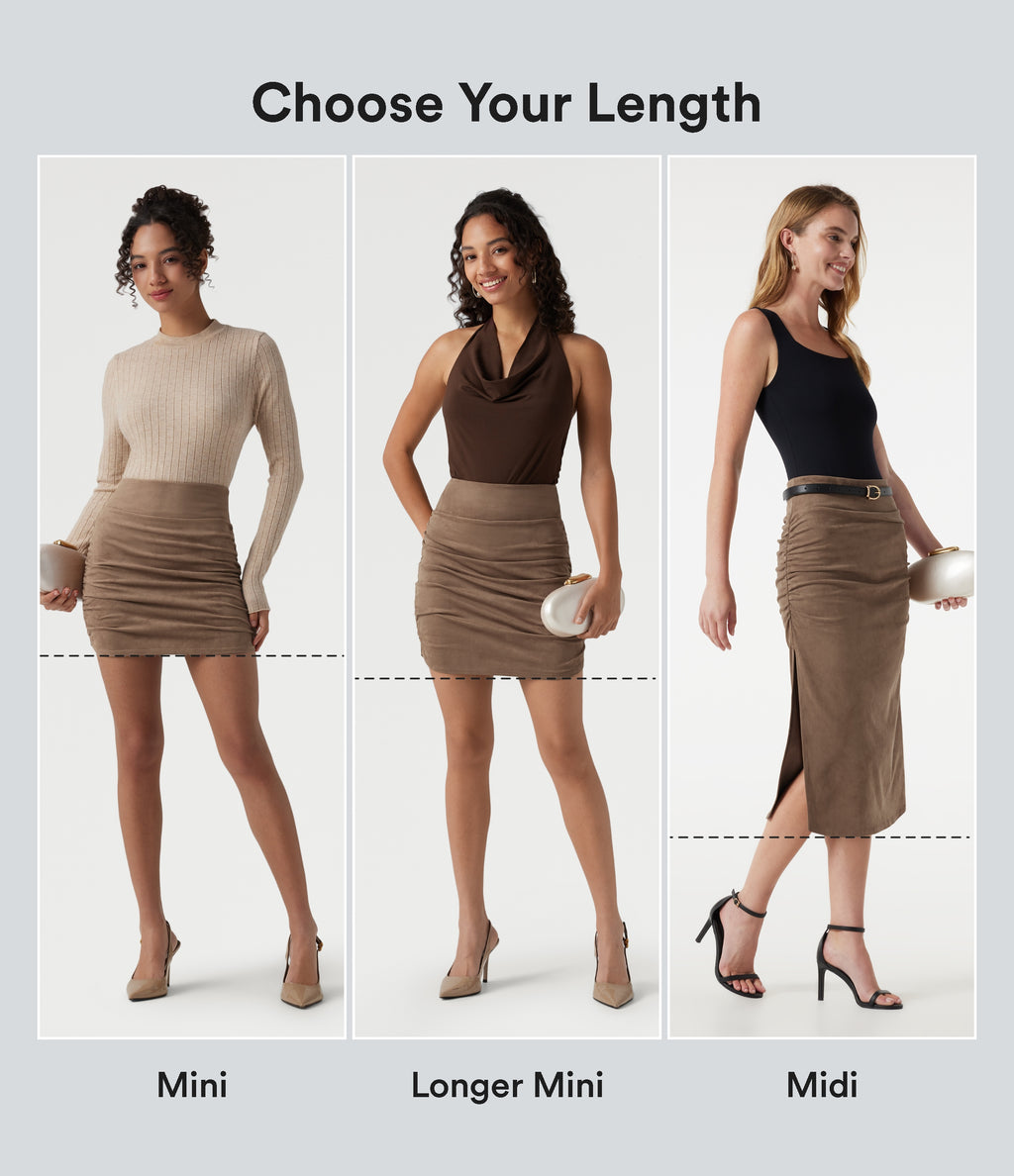 High Waisted Tummy Control Ruched Bodycon 2-in-1 Suede Midi Skirt — Coca Mocha — view 2