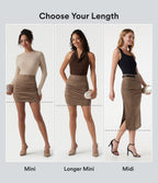 High Waisted Tummy Control Ruched Bodycon 2-in-1 Suede Midi Skirt — Coca Mocha — view 2