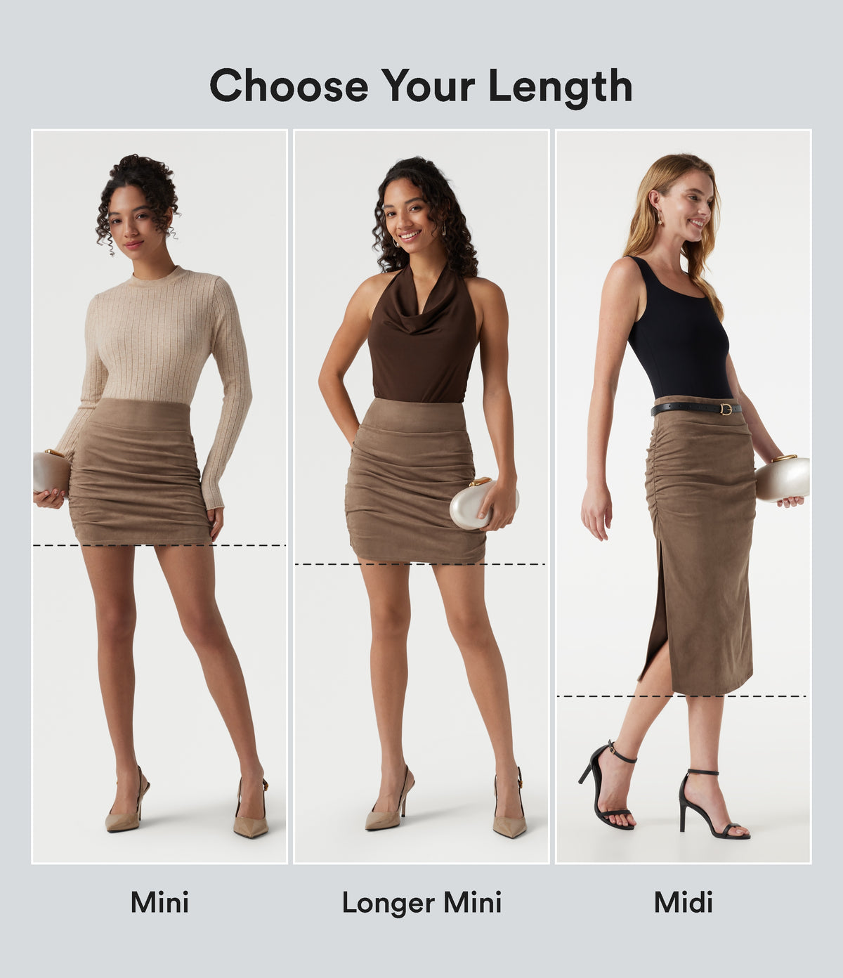 High Waisted Tummy Control Ruched Bodycon 2-in-1 Suede Midi Skirt — Coca Mocha — view 2