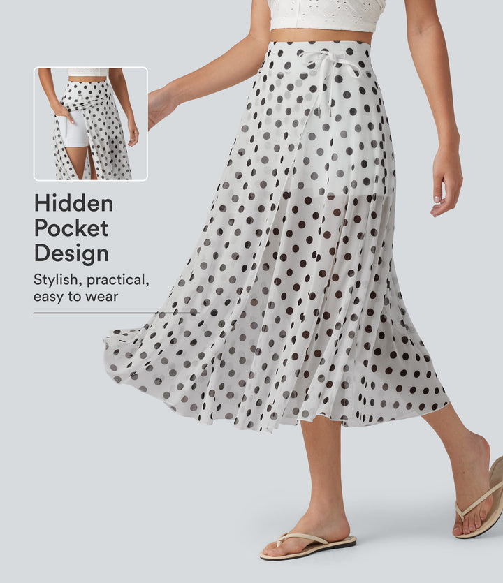 High-waisted Drawstring Polka Dot Mesh 2-in-1 Midi Flowy Flare Resort Skirt with Pockets — Classic Noir Dot — view 1