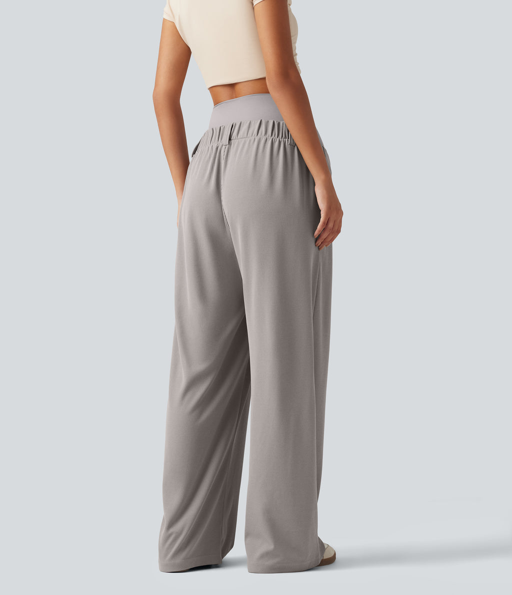 Super High Waisted Wide Leg Waffle Maternity Work Trousers with Pockets — Mink Ash — view 2