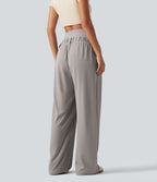 Super High Waisted Wide Leg Waffle Maternity Work Trousers with Pockets — Mink Ash — view 2