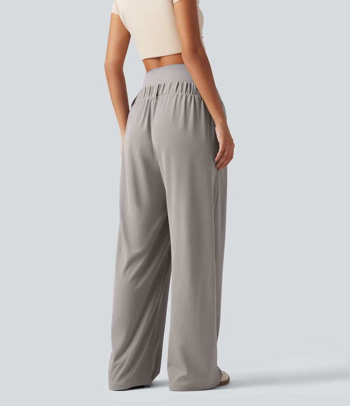 Super High Waisted Wide Leg Waffle Maternity Work Trousers with Pockets — Mink Ash — view 2