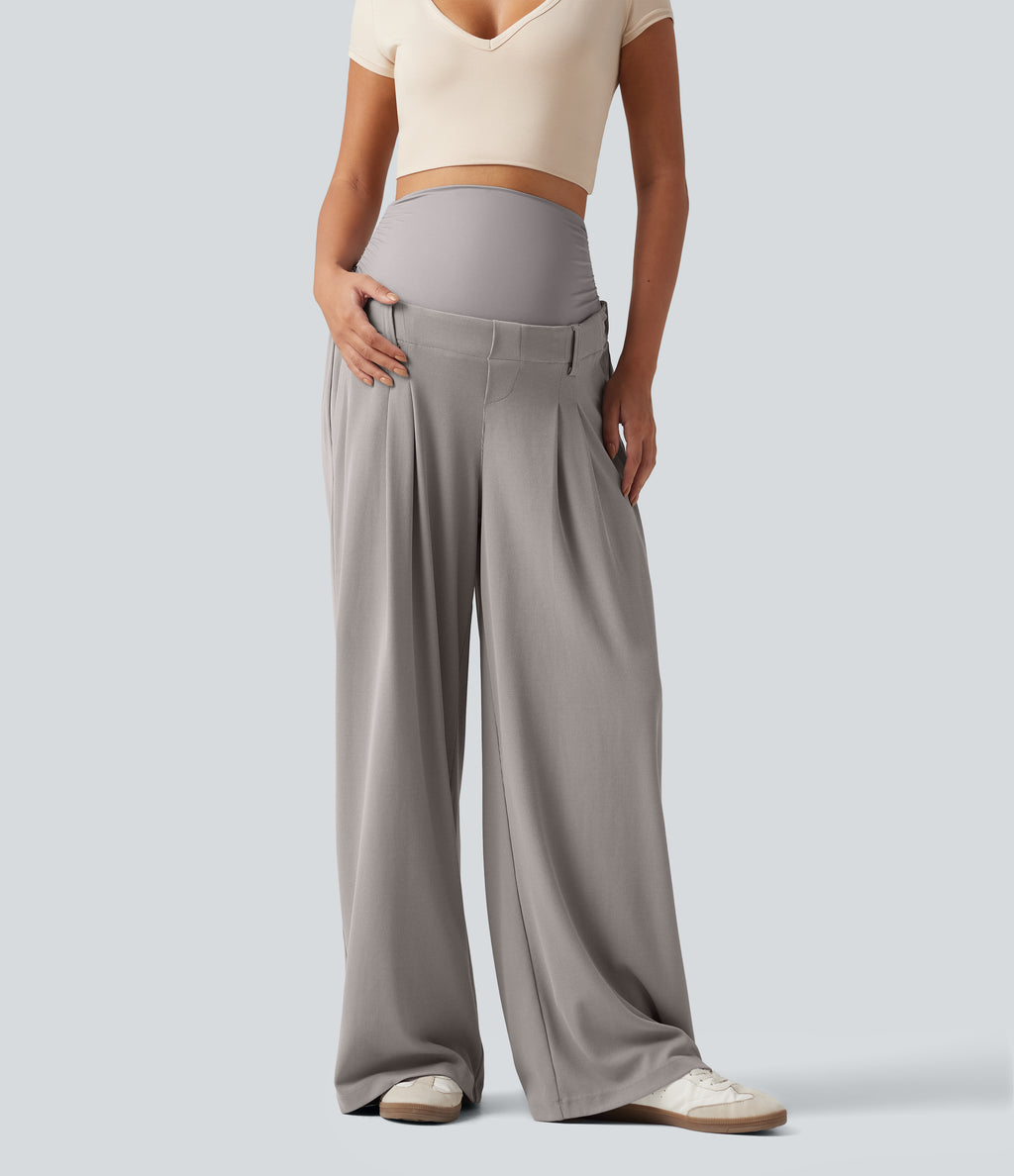 Super High Waisted Wide Leg Waffle Maternity Work Trousers with Pockets — Mink Ash — view 3