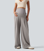 Super High Waisted Wide Leg Waffle Maternity Work Trousers with Pockets — Mink Ash — view 3