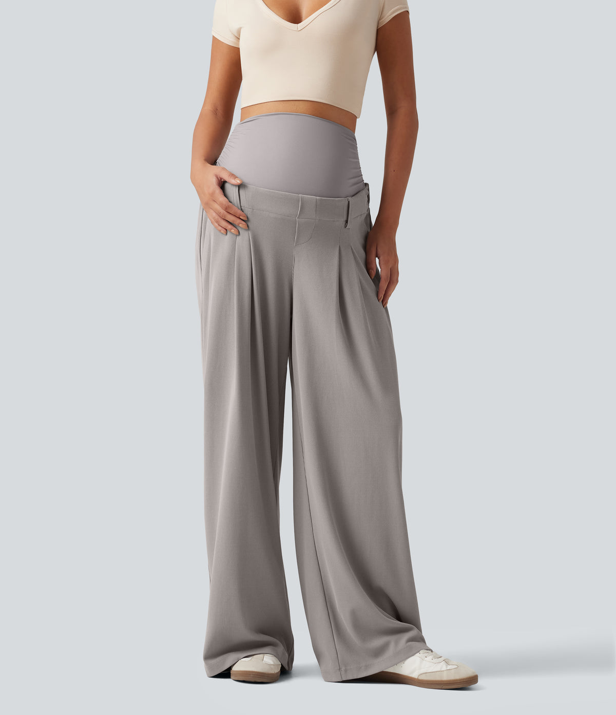 Super High Waisted Wide Leg Waffle Maternity Work Trousers with Pockets — Mink Ash — view 3