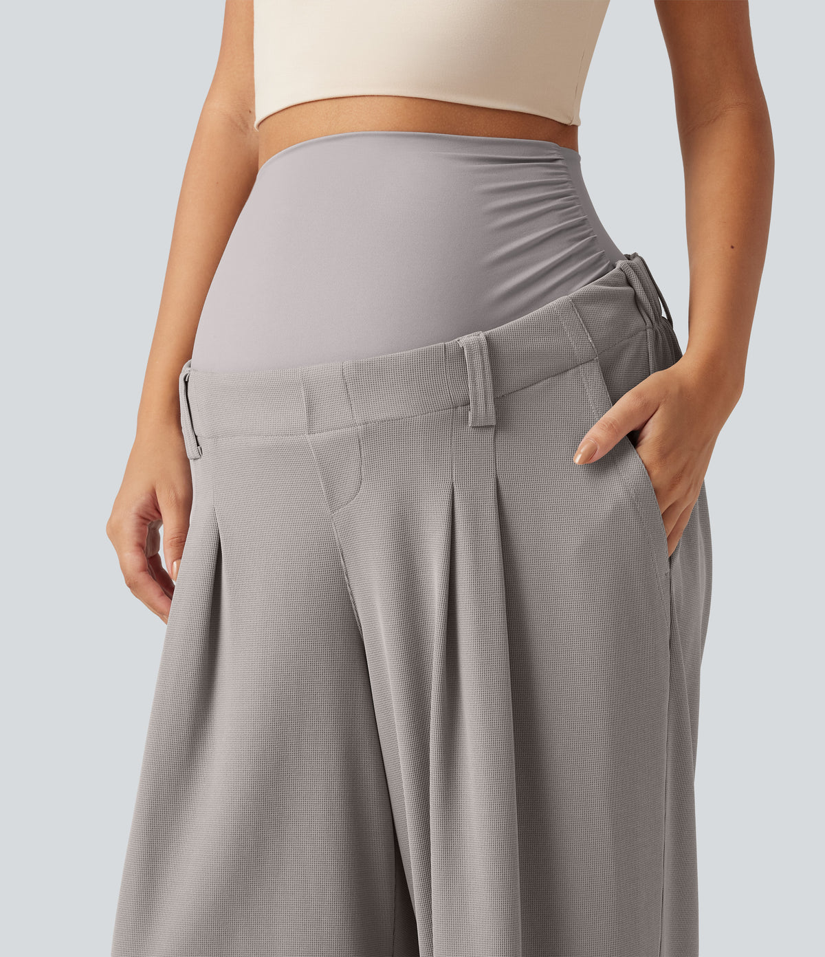 Super High Waisted Wide Leg Waffle Maternity Work Trousers with Pockets — Mink Ash — view 4
