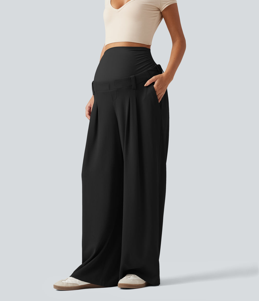 Super High Waisted Wide Leg Waffle Maternity Work Trousers with Pockets — Black — view 6